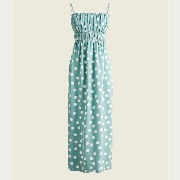 J. Crew 100% Silk Polka Dot adjustable Straps Gathered Midi Dress Size 6 Blue - Picture 1 of 9